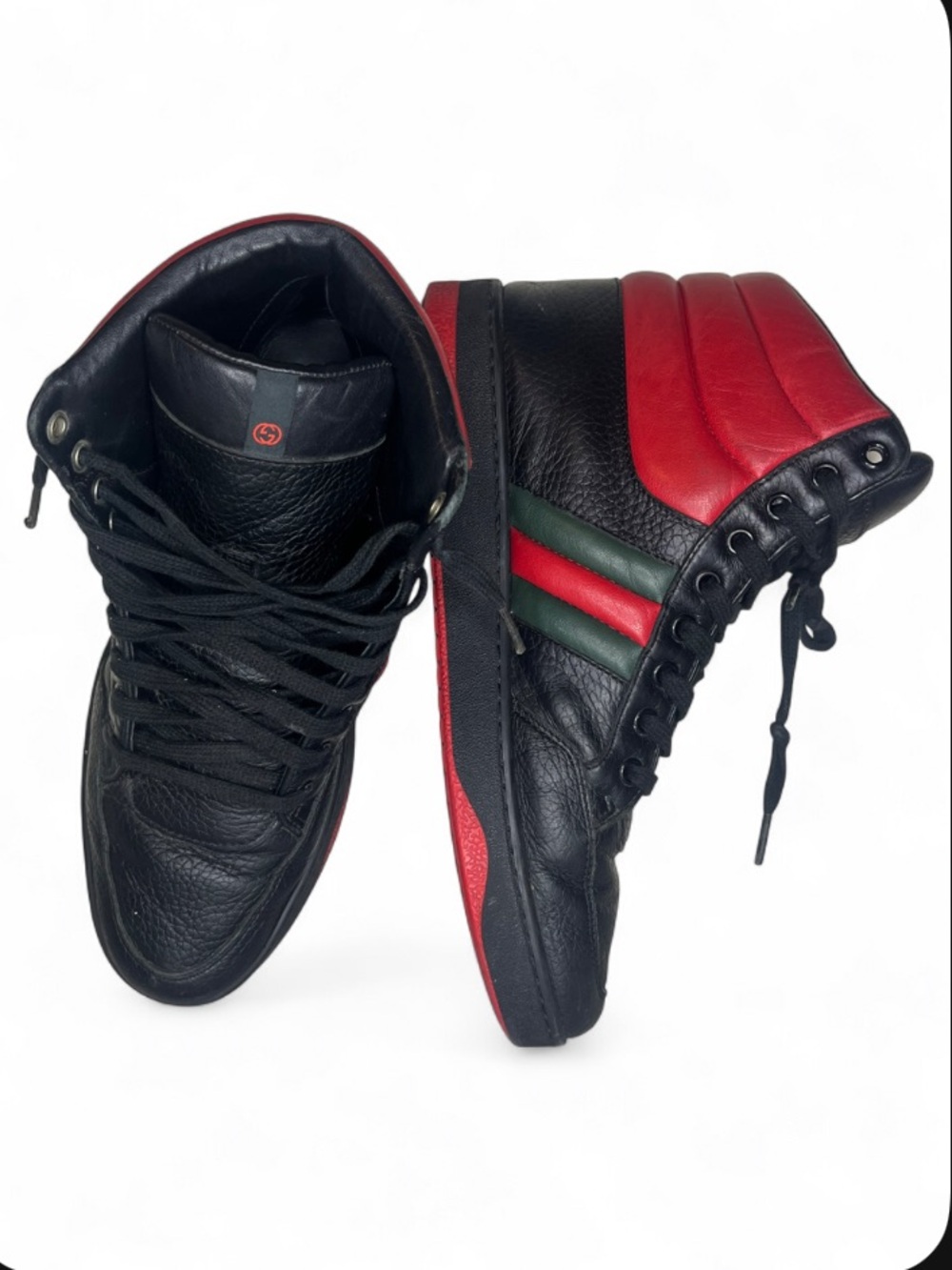 Authentic Gucci Ronnie Red/Black/Green Leather Padded High Top Sneakers Men’s 6